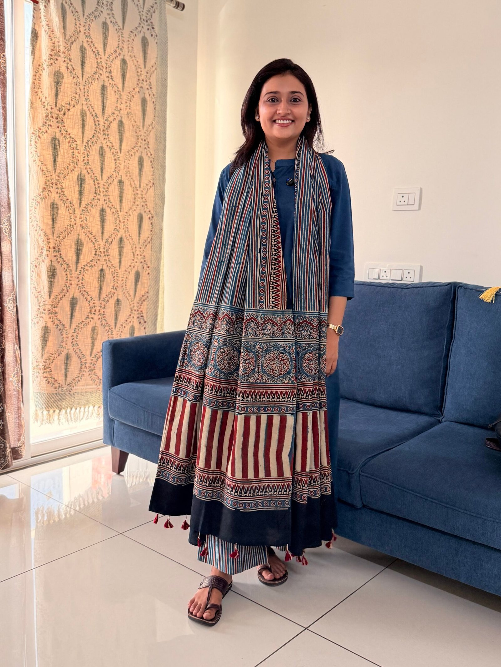 Indigo Ajrakh Handblock Cotton Kurta Suit Set with Dupatta - Image 2