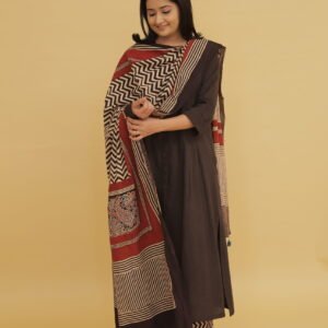 Black Ajrakh Cotton Kurta Suit Set with Dupatta