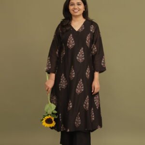 Noor Black Ajrakh Chanderi Silk Kalidar Kurta with Straight Pant