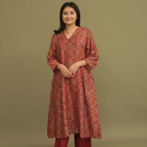 Chaand Madder Red Ajrakh Chanderi Silk Kalidar Co-ord Set