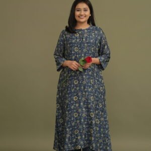 Roohani Indigo Ajrakh Handblock Chanderi Silk Kurta