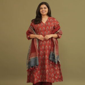 Chaandni Red Ajrakh Chanderi Silk Kalidar Kurta with Straight Pant