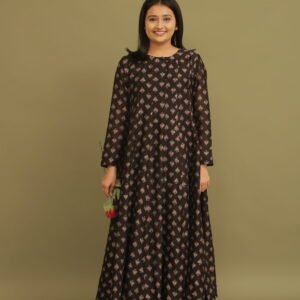 Adaa Black Ajrakh Chanderi Silk Anarkali Kurta with Straight pant