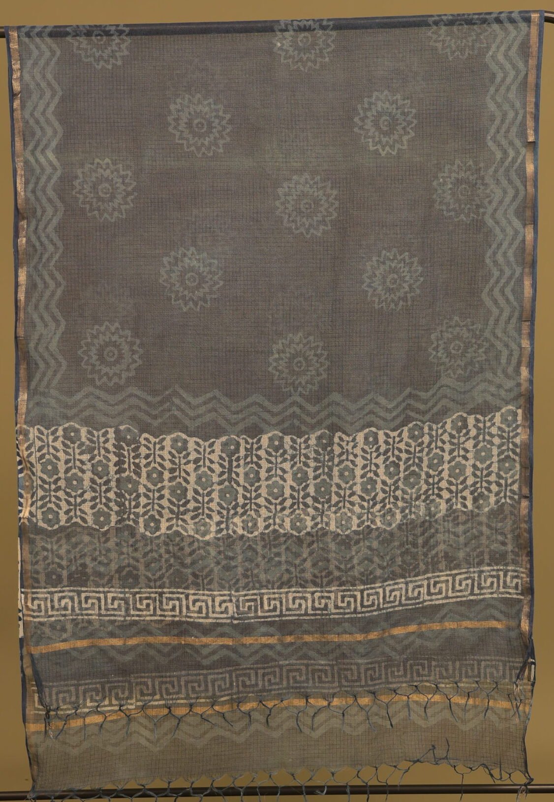 Indigo Dabu Handblock With Zari Border Kota Doria Dupatta